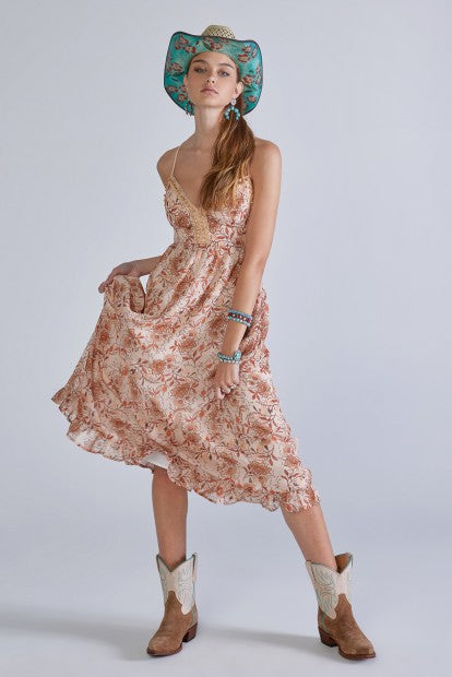 Woodbeads Front Laceup Back Print Woven Dress